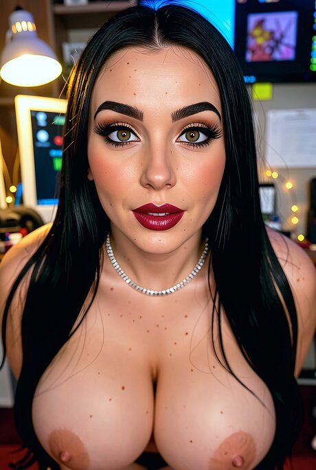 Dark-haired beauty with freckles shows her huge natural tits by herself - #6