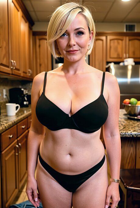 Hot blonde MILF with huge augmented tits posing naked in the kitchen - #2
