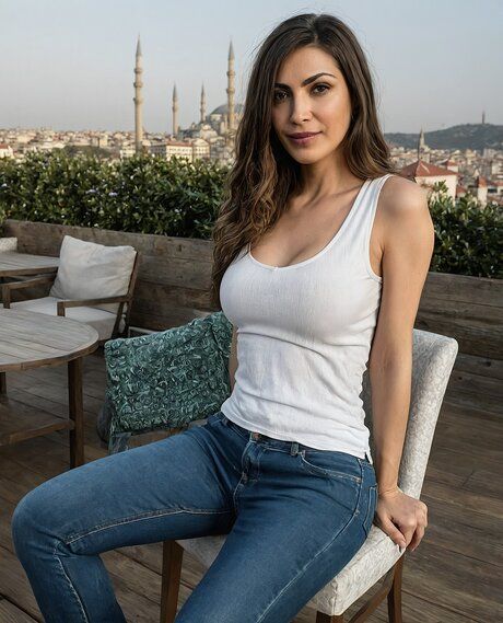Beautiful brunette MILF models totally naked on a patio overlooking a skyline - #4