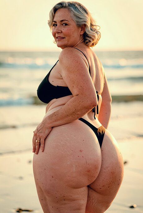 Older mature woman models a bikini at the ocean during a low tide - #2