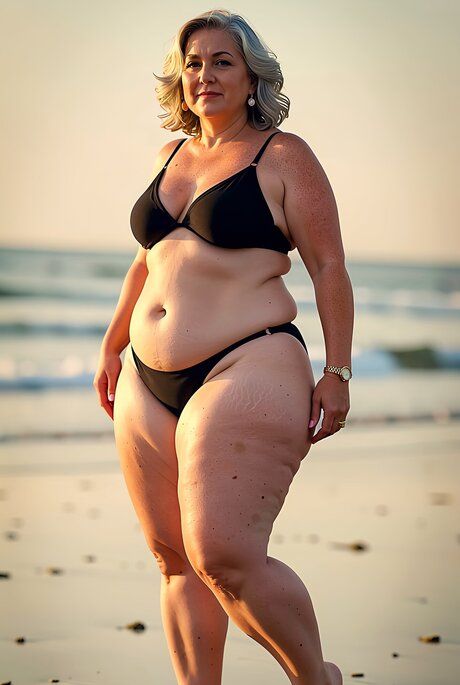 Older mature woman models a bikini at the ocean during a low tide - #4