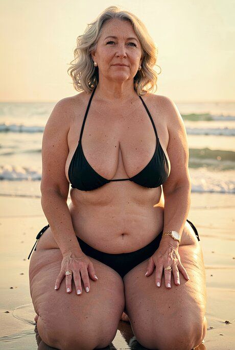 Older mature woman models a bikini at the ocean during a low tide - #3