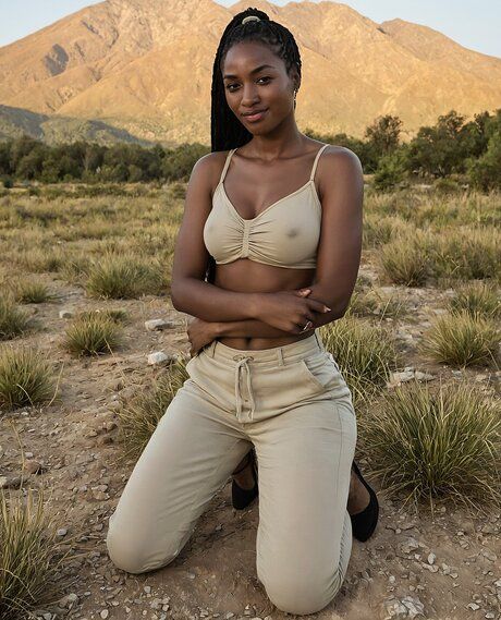 Athletic black girl removes her clothes while out in a field by the mountains - #2