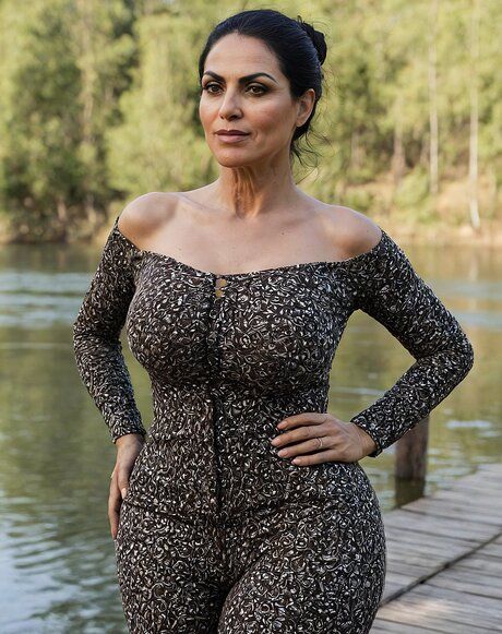 Hot granny sheds her lace dress to pose nude on a dock over the water - #3