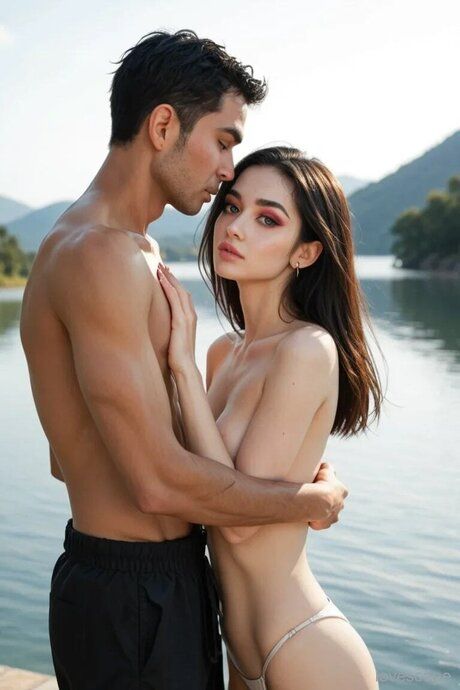 AI-generated model with striking eyes gives a blowjob near a lake - #2