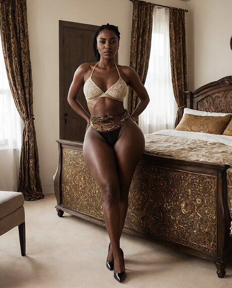 Ebony beauty strips naked in a bedroom with her hair in braided updos - #8
