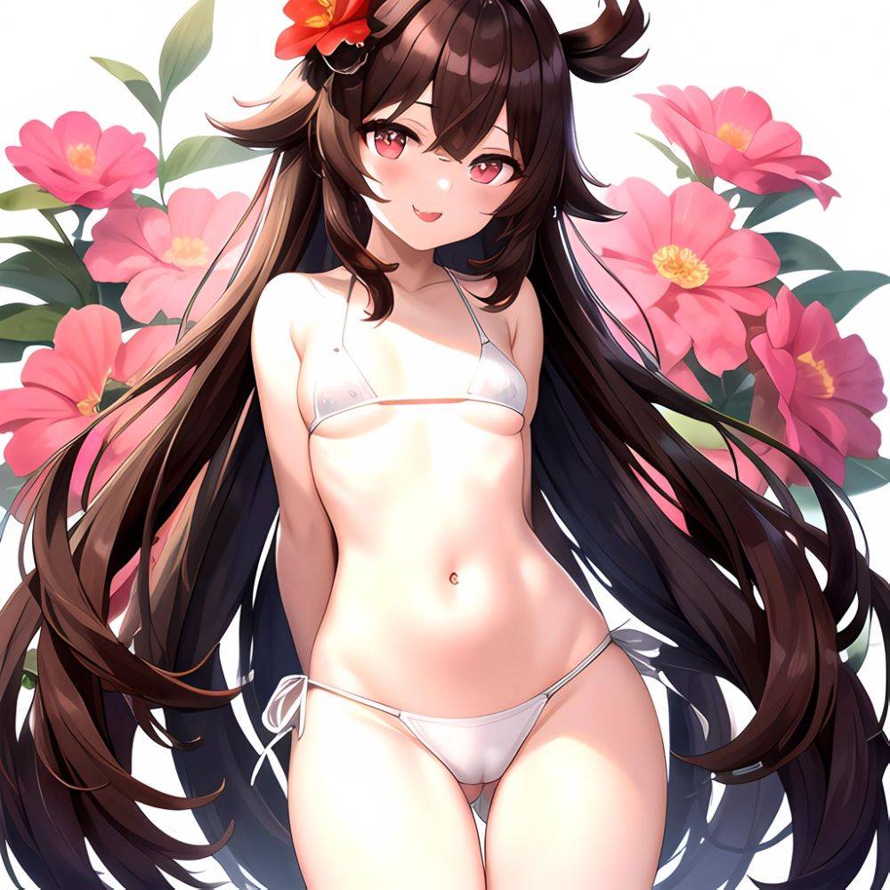 1girl Q Absurdres Arms Behind Back Bikini Blush Breasts Brown Hair Cameltoe Cleft Of Venus Covered Nipples Cowboy Shot Flower, 3059563772 - AIHentai - #main