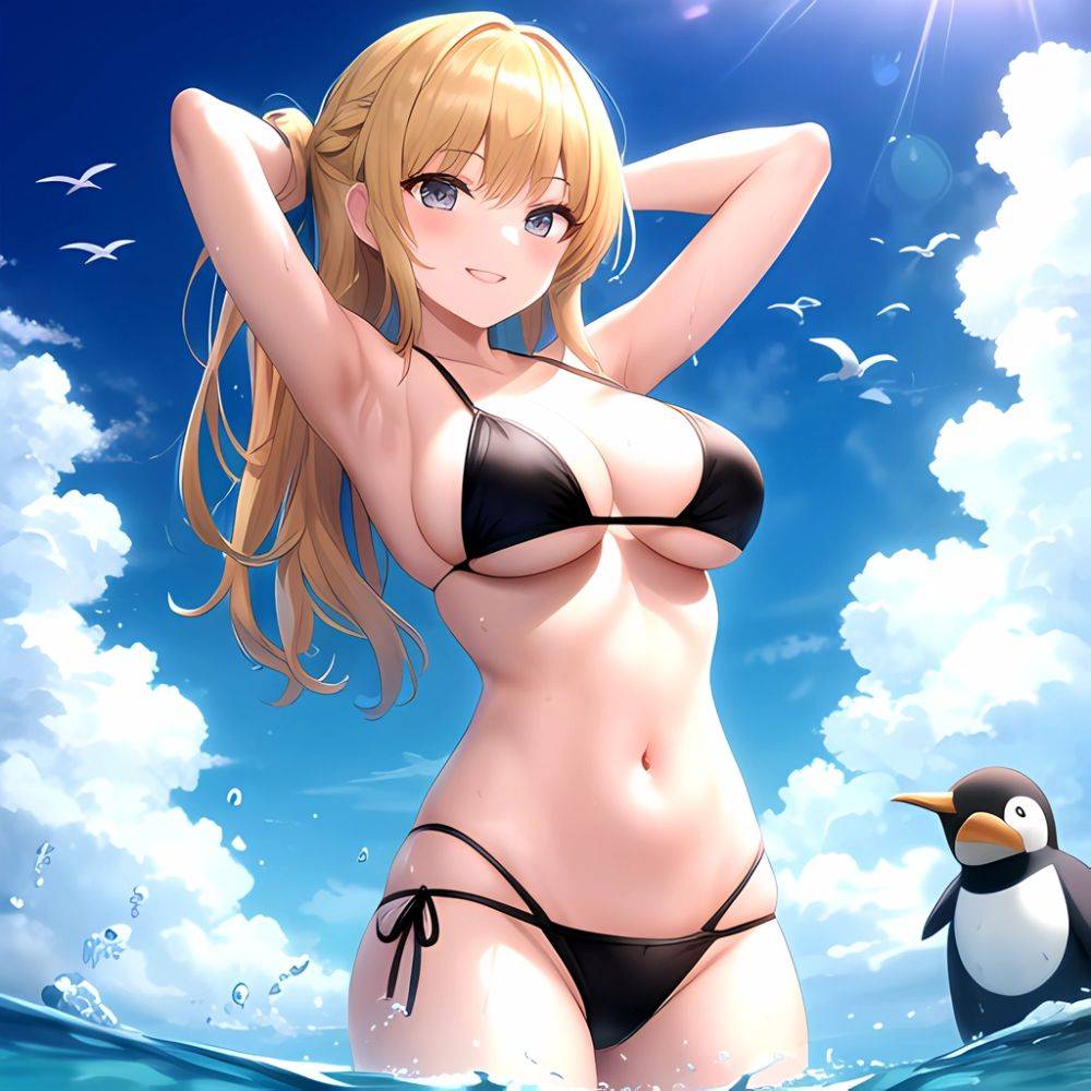 Empress Last Origin 1girl Armpits Arms Behind Head Bikini Bird Black Bikini Blonde Hair Blue Sky Breasts Cloud Gradient Hair, 151773034 - AIHentai - #main