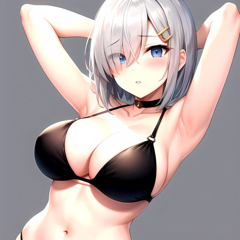 1girl Absurdres Armpits Arms Behind Head Bikini Black Bikini Black Choker Blue Eyes Blush Breasts Choker Cleavage Commentary Req, 3006192572 - AIHentai - #main