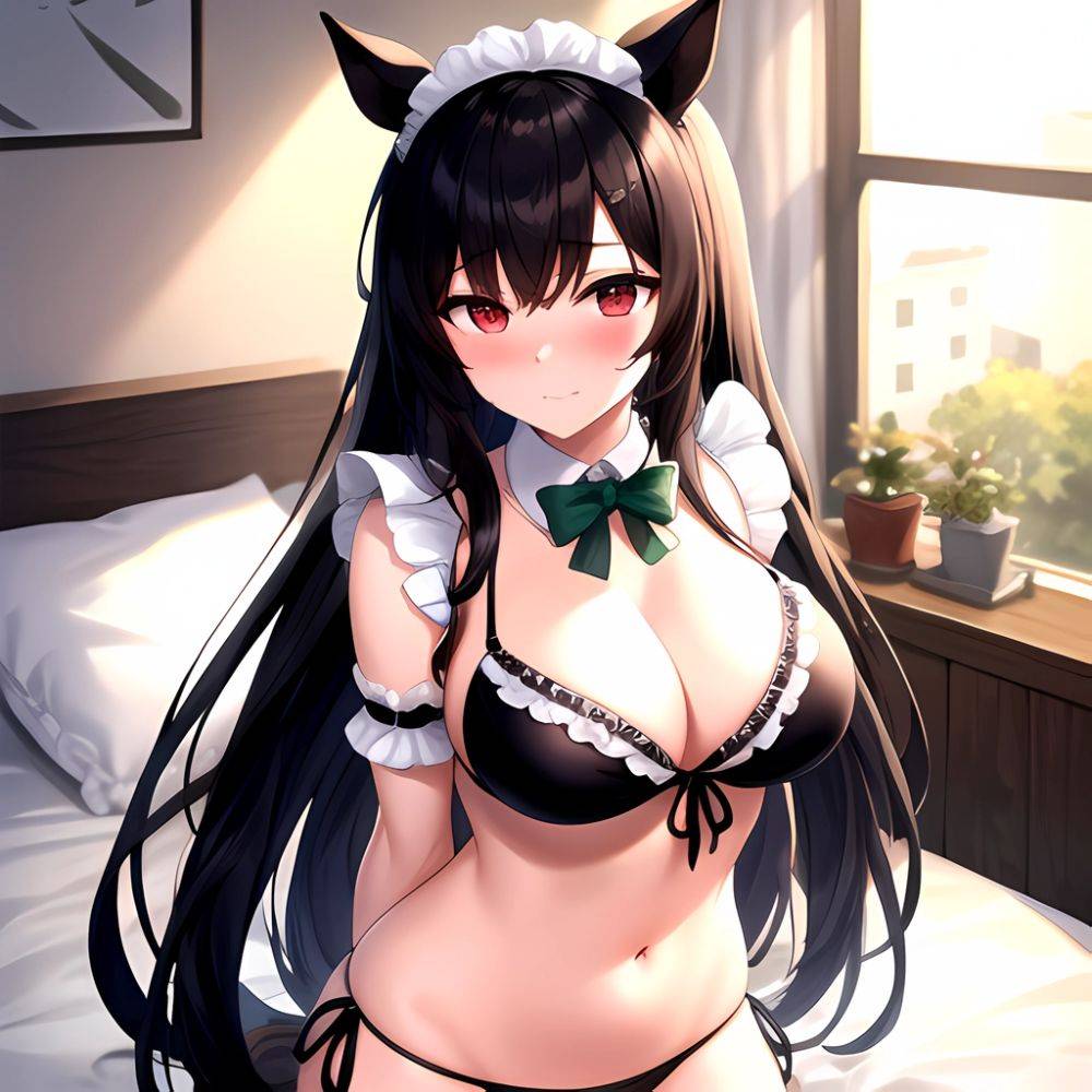 1girl Alternate Costume Animal Ears Arms Behind Back Bed Bikini Black Bikini Black Ribbon Blush Bow Breasts Cleavage Closed Mout, 2533672617 - AIHentai - #main