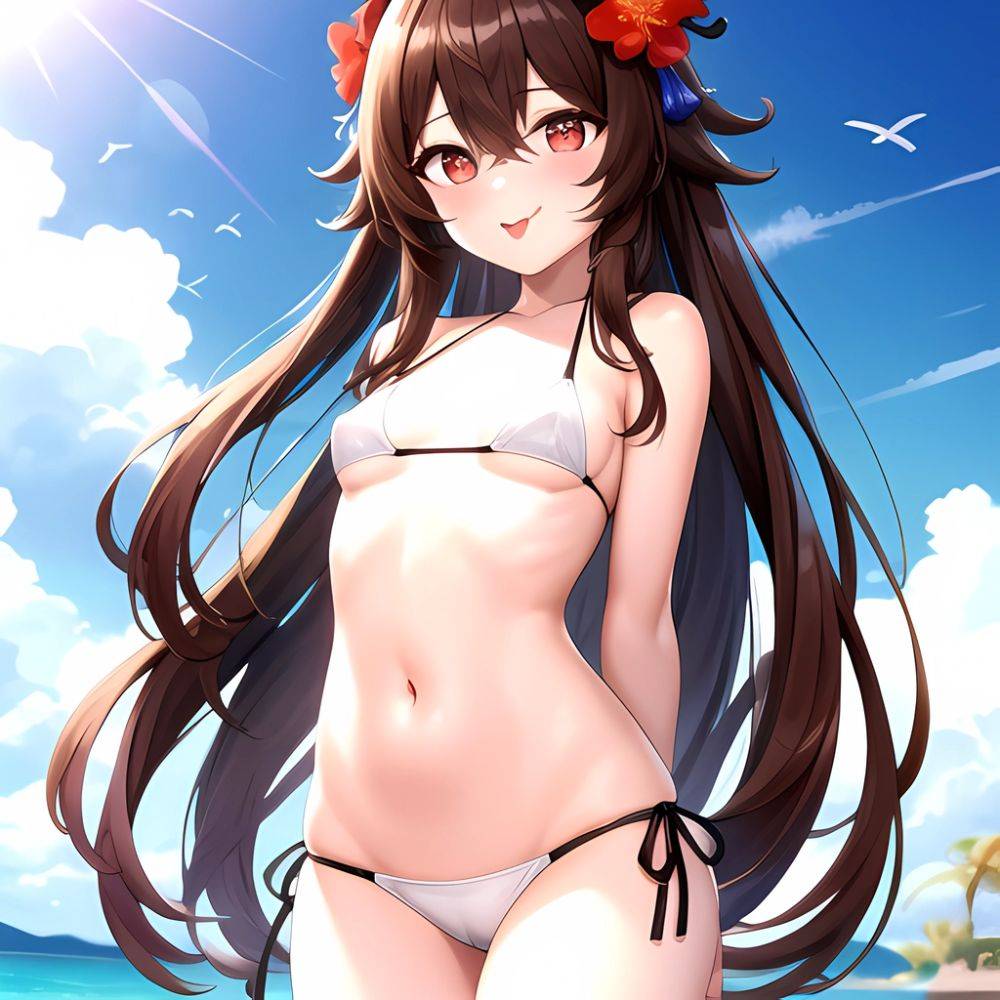 1girl Q Absurdres Arms Behind Back Bikini Blush Breasts Brown Hair Cameltoe Cleft Of Venus Covered Nipples Cowboy Shot Flower, 1010790328 - AIHentai - #main