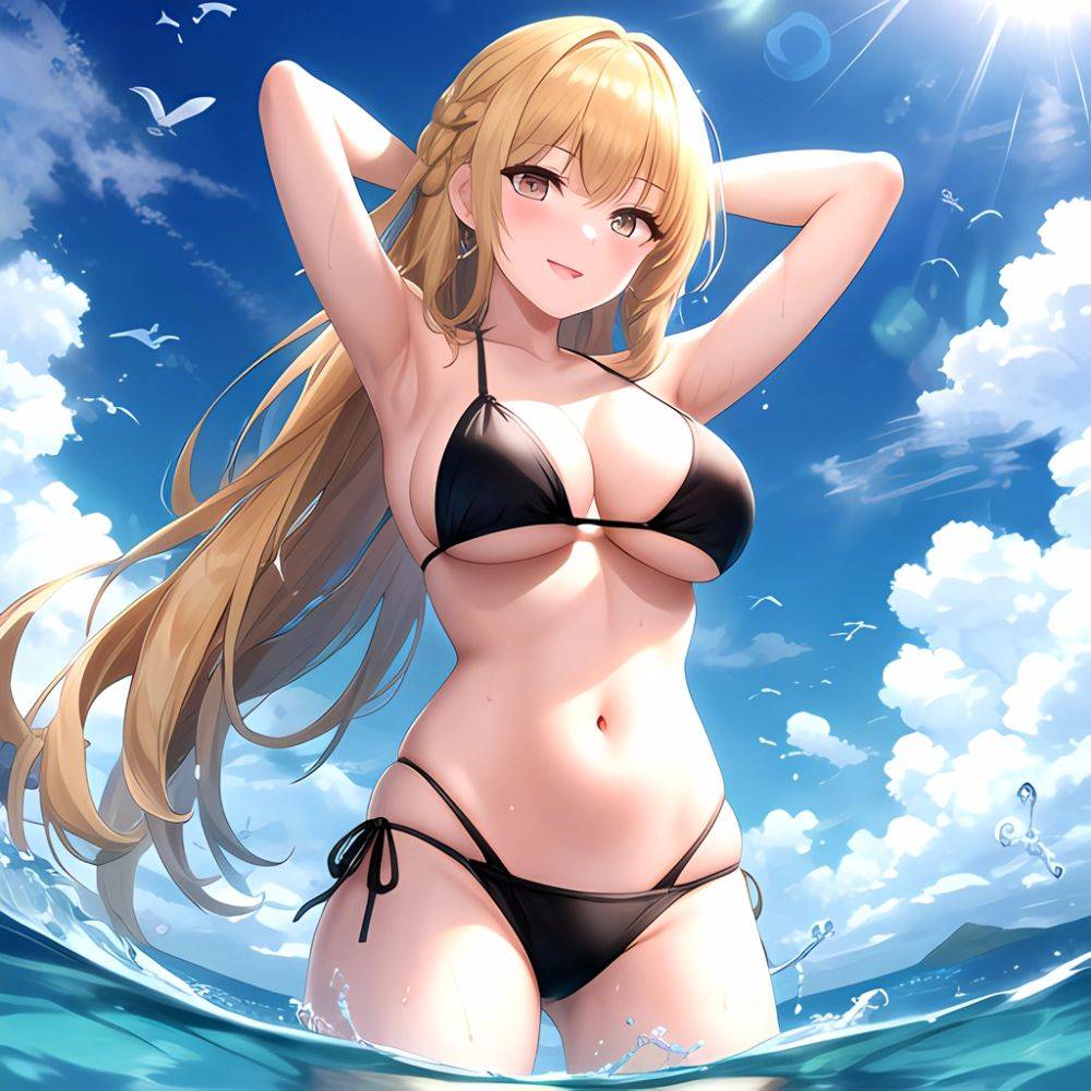 Empress Last Origin 1girl Armpits Arms Behind Head Bikini Bird Black Bikini Blonde Hair Blue Sky Breasts Cloud Gradient Hair, 2898144707 - AIHentai - #main