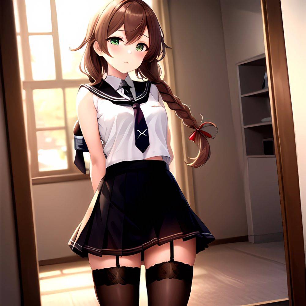 Noshiro Kancolle 1girl Anchor Symbol Asymmetrical Legwear Black Necktie Black Thighhighs Braid Brown Hair Garter Straps Green Ey, 856102946 - AIHentai - #main