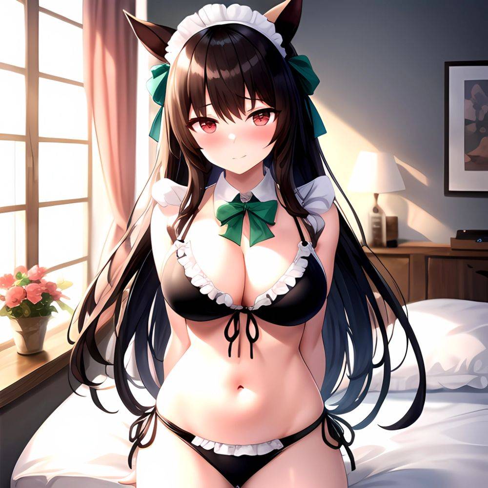 1girl Alternate Costume Animal Ears Arms Behind Back Bed Bikini Black Bikini Black Ribbon Blush Bow Breasts Cleavage Closed Mout, 4073284635 - AIHentai - #main