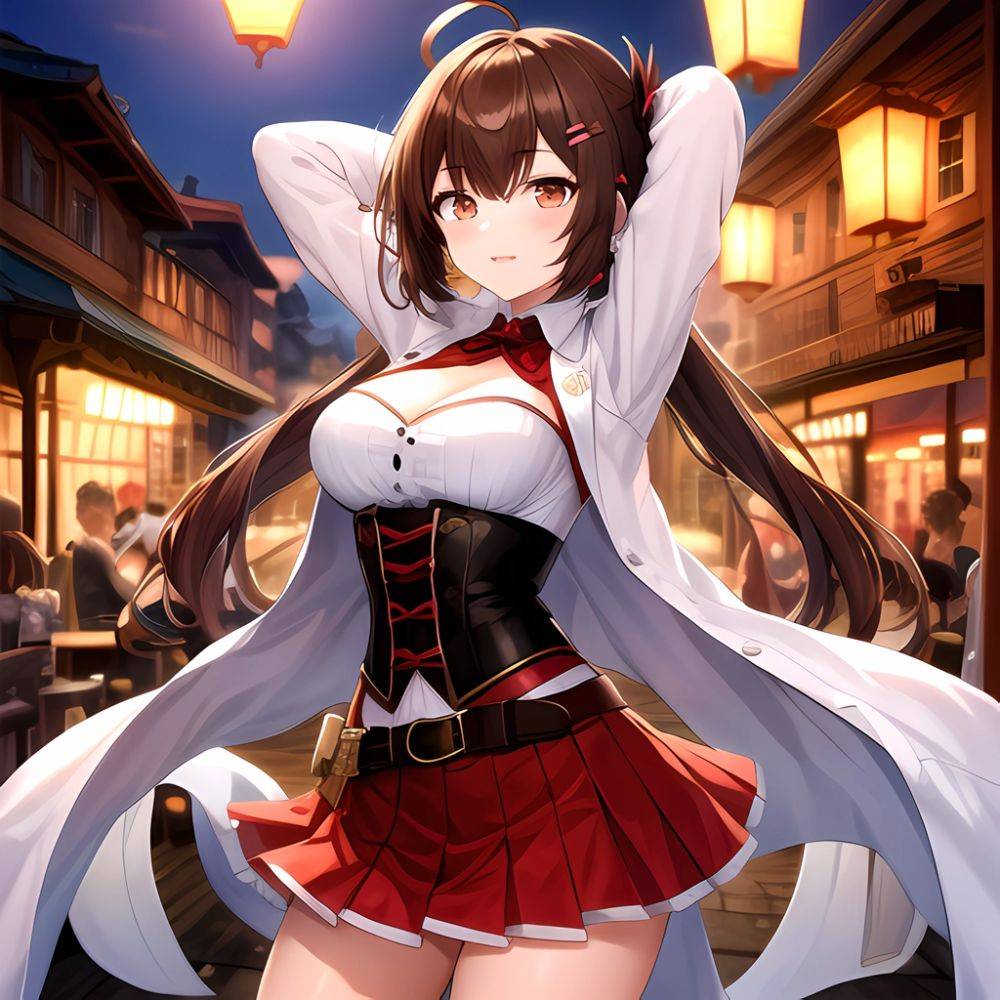 Nanashi Mumei Nanashi Mumei 1st Costume 1girl Ahoge Arms Behind Head Arms Up Belt Brown Corset Brown Eyes Brown Hair, 1792646674 - AIHentai - #main