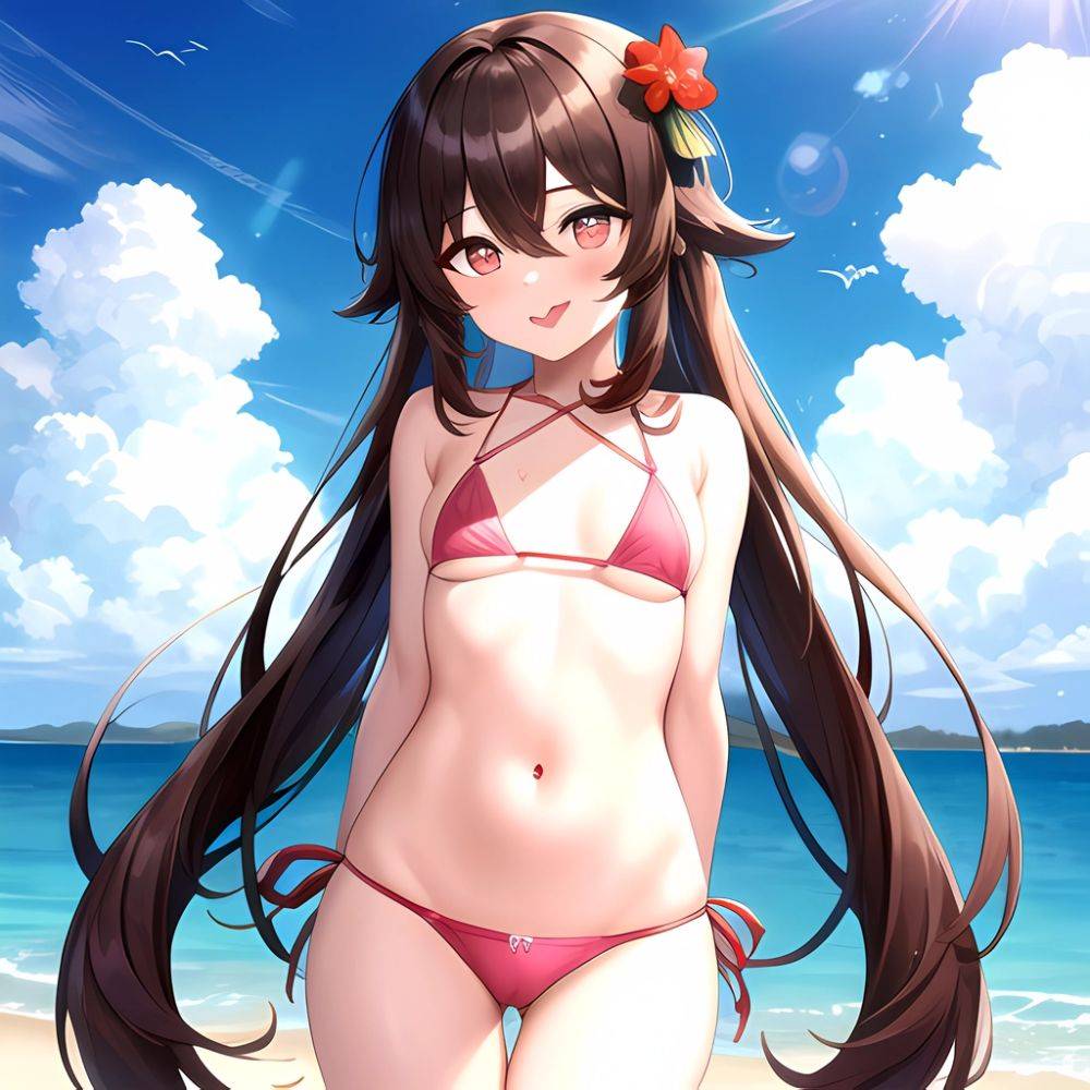 1girl Q Absurdres Arms Behind Back Bikini Blush Breasts Brown Hair Cameltoe Cleft Of Venus Covered Nipples Cowboy Shot Flower, 1571205081 - AIHentai - #main