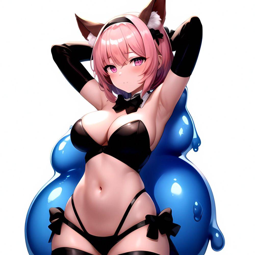 1girl Animal Ears Armpits Arms Behind Head Black Bow Black Bowtie Black Gloves Black Hairband Black Thighhighs Blue Skin Blunt, 802482572 - AIHentai - #main