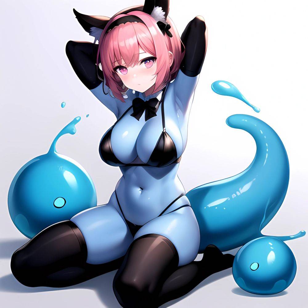 1girl Animal Ears Armpits Arms Behind Head Black Bow Black Bowtie Black Gloves Black Hairband Black Thighhighs Blue Skin Blunt, 1379810260 - AIHentai - #main