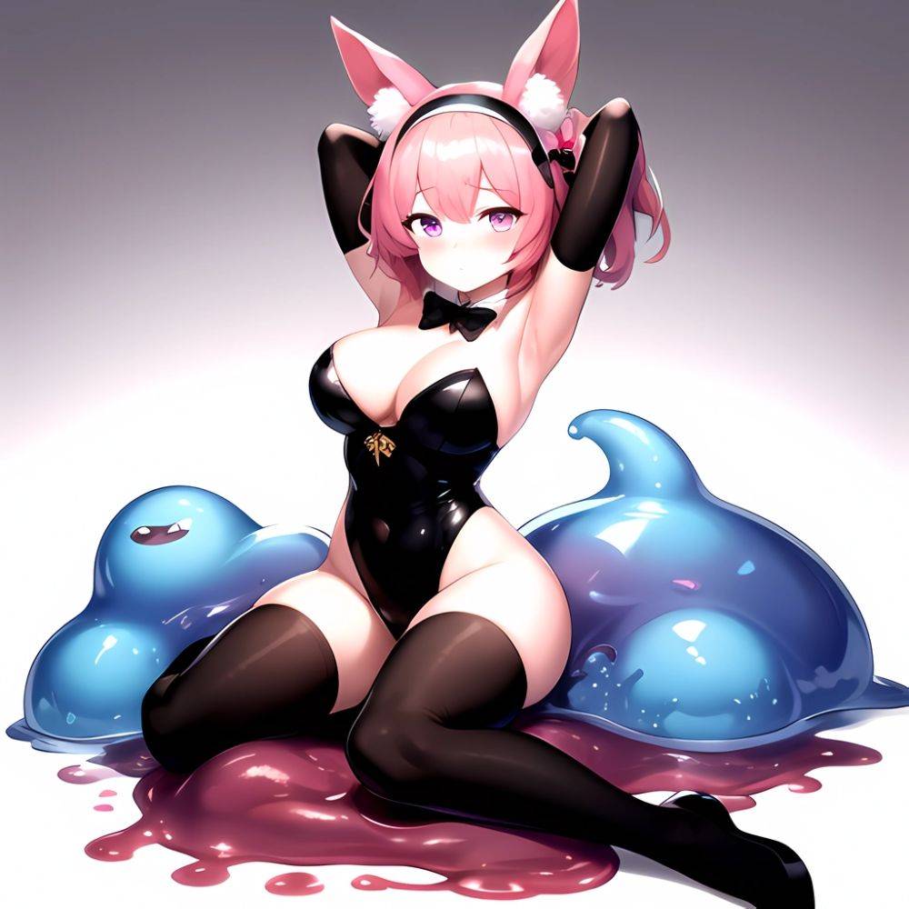 1girl Animal Ears Armpits Arms Behind Head Black Bow Black Bowtie Black Gloves Black Hairband Black Thighhighs Blue Skin Blunt, 148461429 - AIHentai - #main