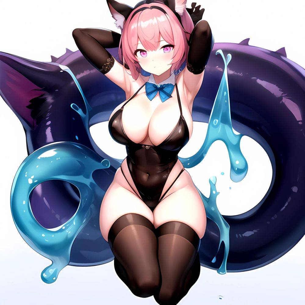 1girl Animal Ears Armpits Arms Behind Head Black Bow Black Bowtie Black Gloves Black Hairband Black Thighhighs Blue Skin Blunt, 285282525 - AIHentai - #main