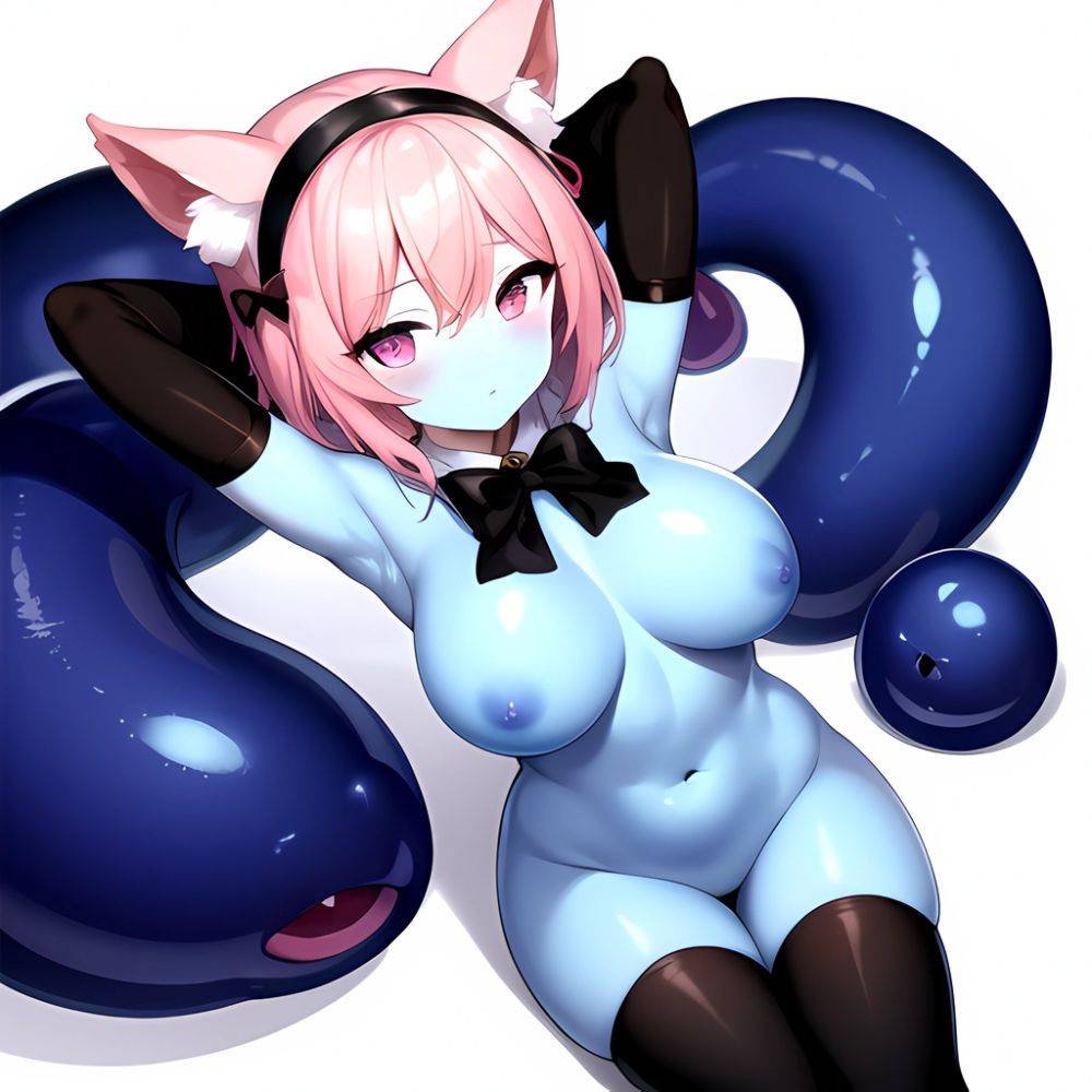1girl Animal Ears Armpits Arms Behind Head Black Bow Black Bowtie Black Gloves Black Hairband Black Thighhighs Blue Skin Blunt, 369328045 - AIHentai - #main