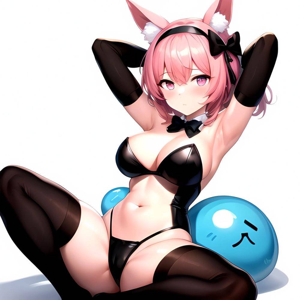 1girl Animal Ears Armpits Arms Behind Head Black Bow Black Bowtie Black Gloves Black Hairband Black Thighhighs Blue Skin Blunt, 182649765 - AIHentai - #main