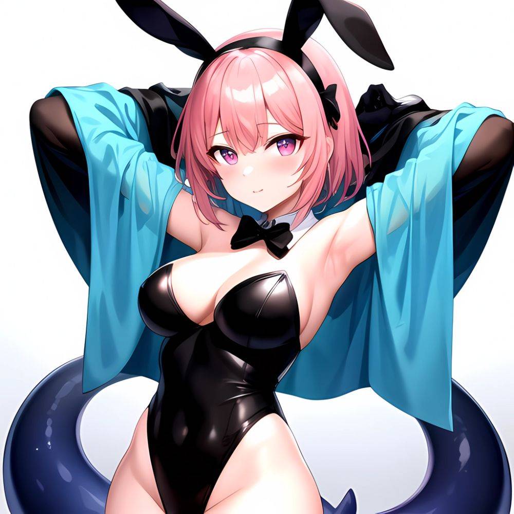 1girl Animal Ears Armpits Arms Behind Head Black Bow Black Bowtie Black Gloves Black Hairband Black Thighhighs Blue Skin Blunt, 1225402314 - AIHentai - #main