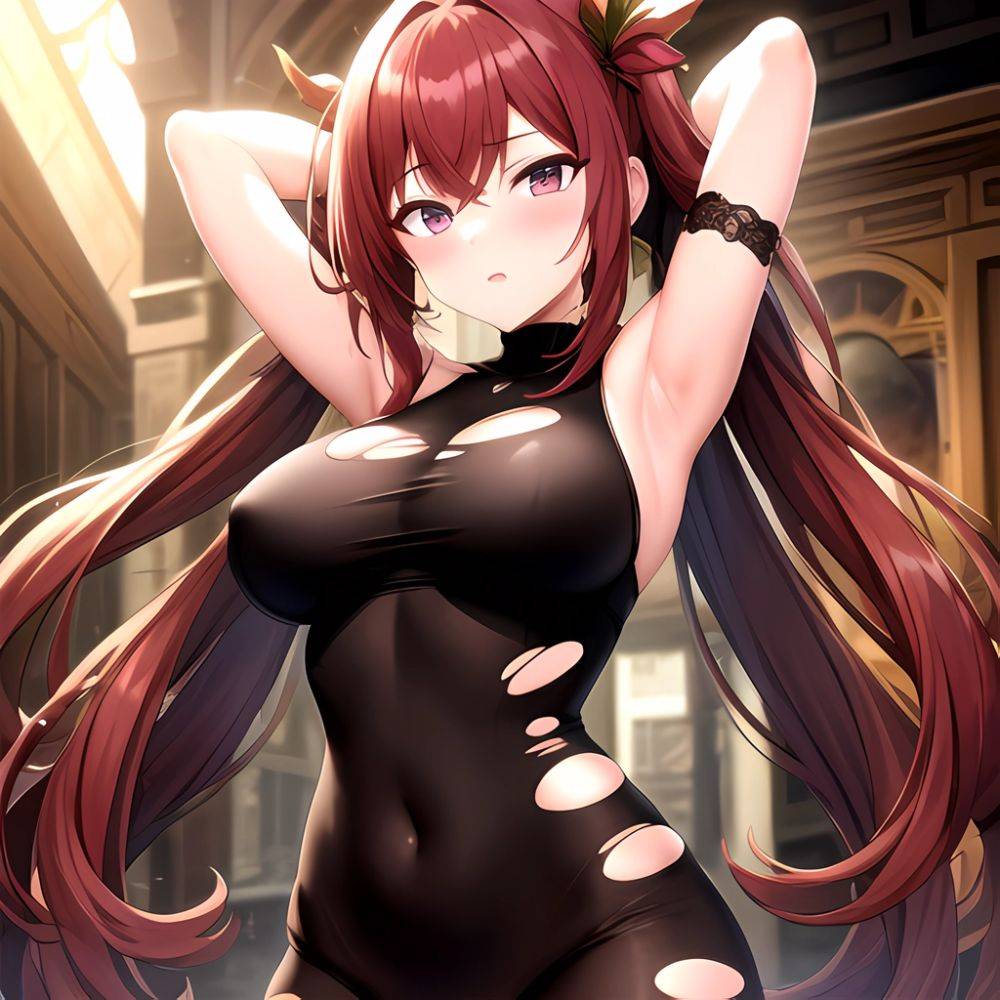 Roana Epic Seven 1girl Areola Slip Arm Garter Armpits Arms Behind Head Black Bodysuit Blush Bodysuit Breasts Brown Hair Covered, 1176911792 - AIHentai - #main