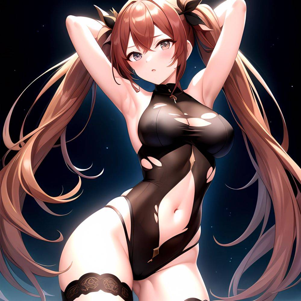 Roana Epic Seven 1girl Areola Slip Arm Garter Armpits Arms Behind Head Black Bodysuit Blush Bodysuit Breasts Brown Hair Covered, 282710546 - AIHentai - #main