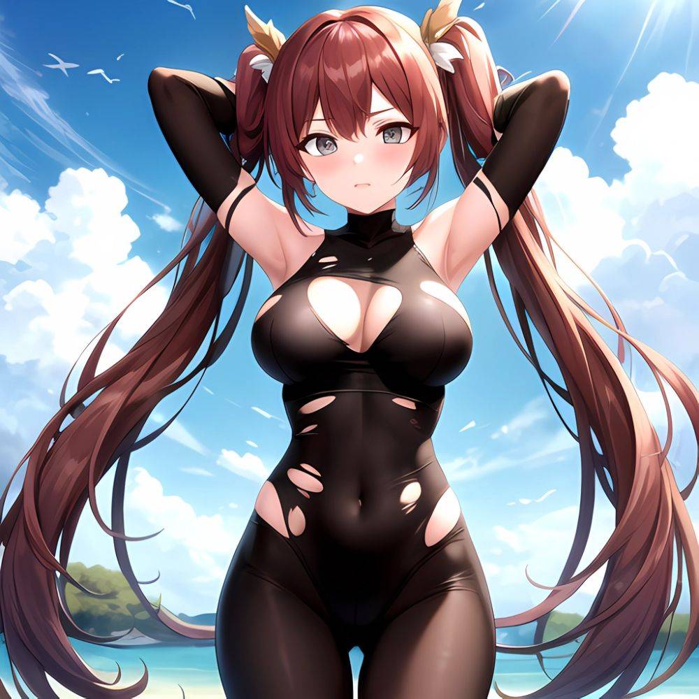 Roana Epic Seven 1girl Areola Slip Arm Garter Armpits Arms Behind Head Black Bodysuit Blush Bodysuit Breasts Brown Hair Covered, 423275176 - AIHentai - #main