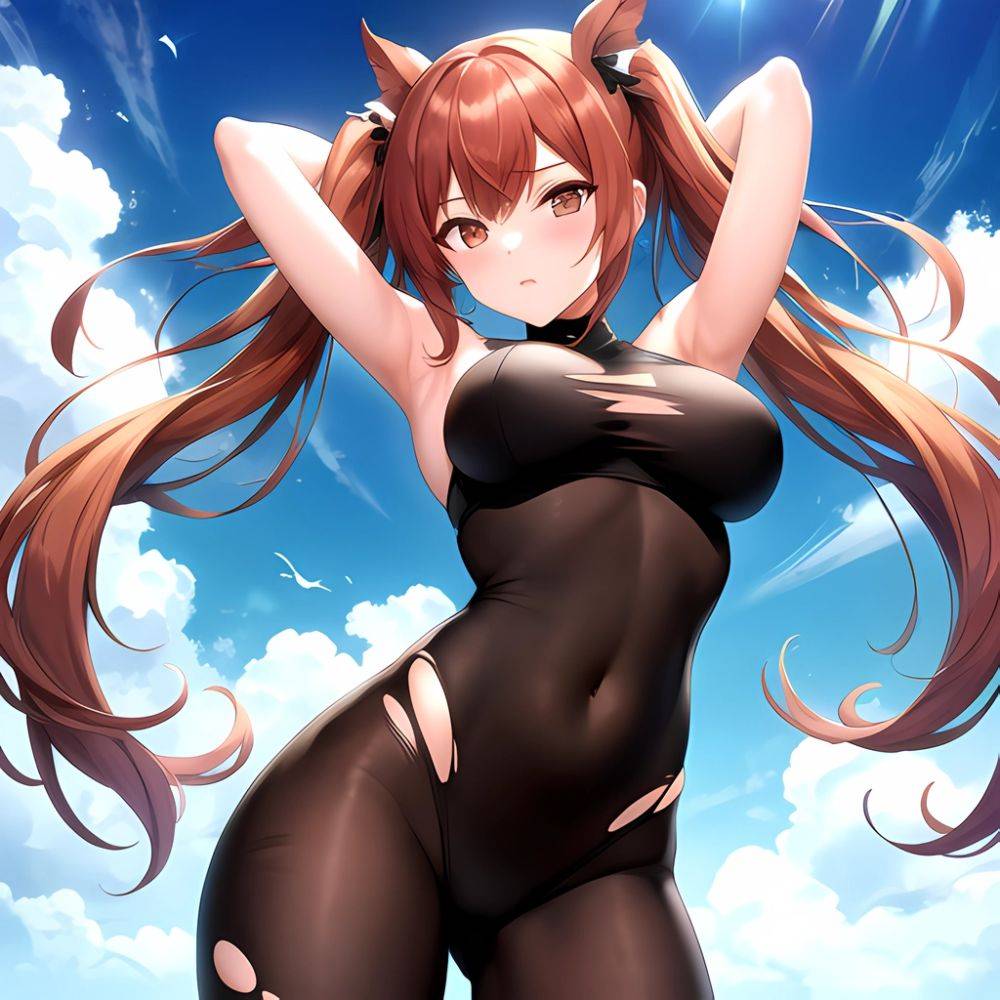 Roana Epic Seven 1girl Areola Slip Arm Garter Armpits Arms Behind Head Black Bodysuit Blush Bodysuit Breasts Brown Hair Covered, 525979972 - AIHentai - #main