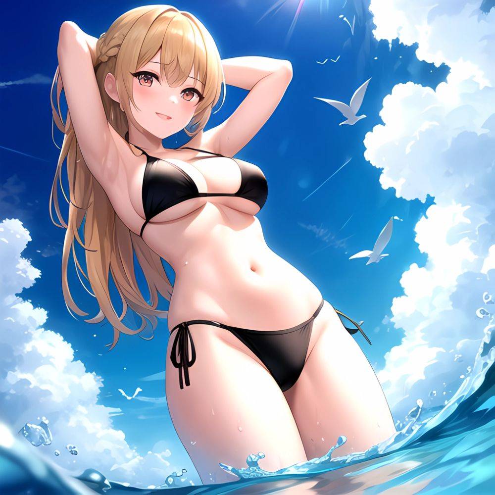 Empress Last Origin 1girl Armpits Arms Behind Head Bikini Bird Black Bikini Blonde Hair Blue Sky Breasts Cloud Gradient Hair, 588453251 - AIHentai - #main