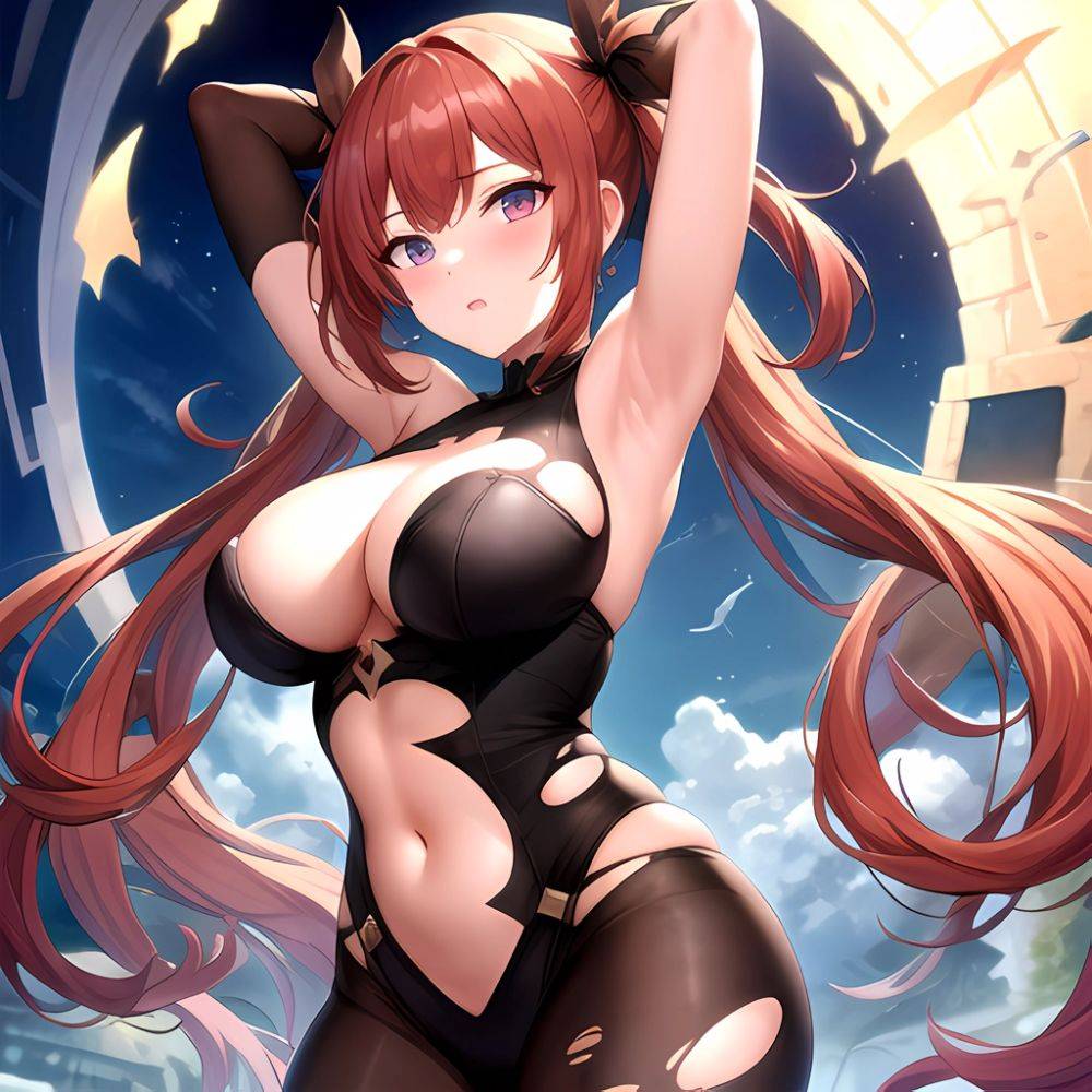 Roana Epic Seven 1girl Areola Slip Arm Garter Armpits Arms Up Black Bodysuit Blush Bodysuit Breasts Brown Hair Covered Navel, 2679711377 - AIHentai - #main