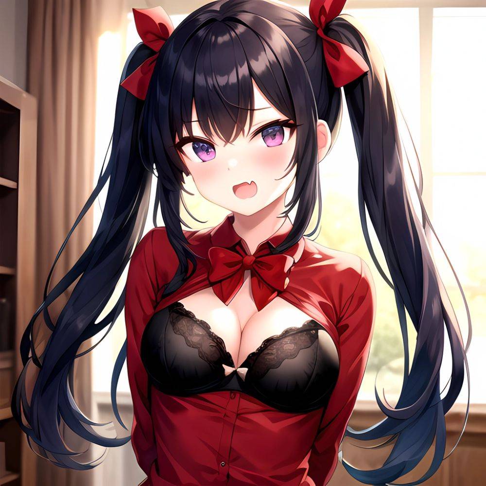 1girl Black Eyes Blue Hair Blush Bow Bowtie Bra Breasts Center Opening Cleavage Collared Shirt Fang Black Bra Hair Intakes, 2508384966 - AIHentai - #main