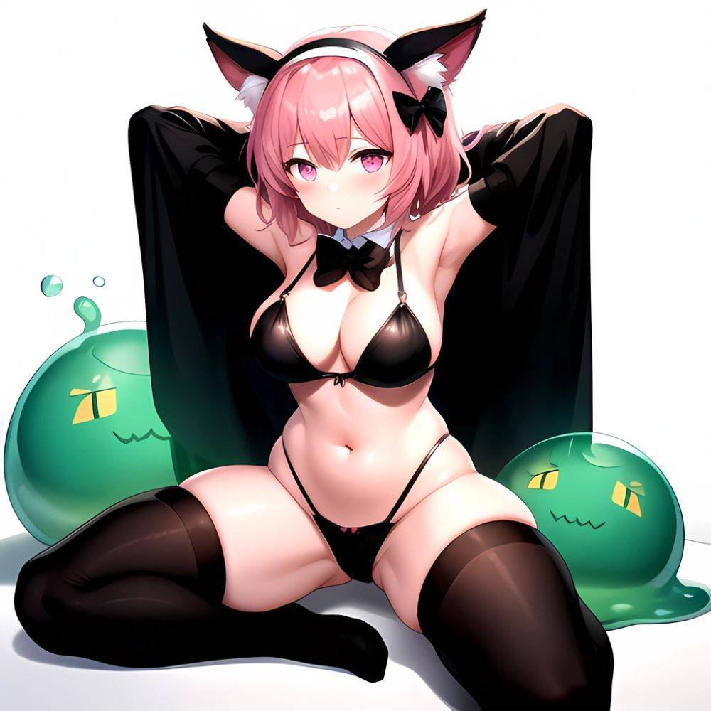 1girl Animal Ears Armpits Arms Behind Head Black Bow Black Bowtie Black Gloves Black Hairband Black Thighhighs Blue Skin Blunt, 4157091320 - AIHentai - #main
