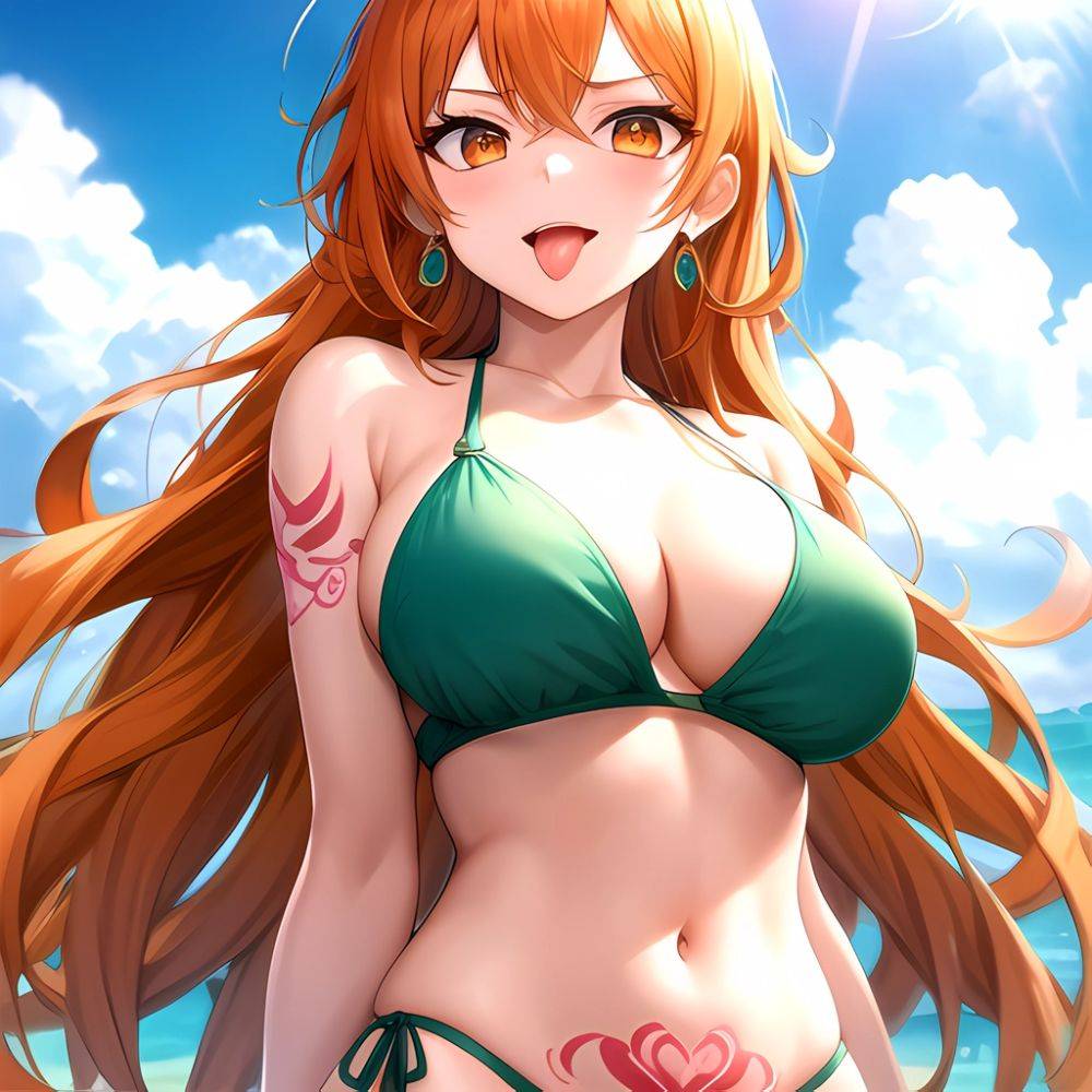 Nami One Piece 1girl Bare Arms Bare Shoulders Bikini Breasts Earrings Green Bikini Groin Jewelry Large Breasts Long Hair Looking, 3429137772 - AIHentai - #main