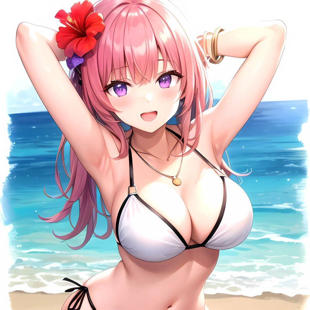 Yayoi Sakura 1girl Armpits Arms Behind Head Bikini Bracelet Breasts Cleavage Flower Hair Flower Hair Ornament Hibiscus Long Hair, 3606149001 - AIHentai - #main