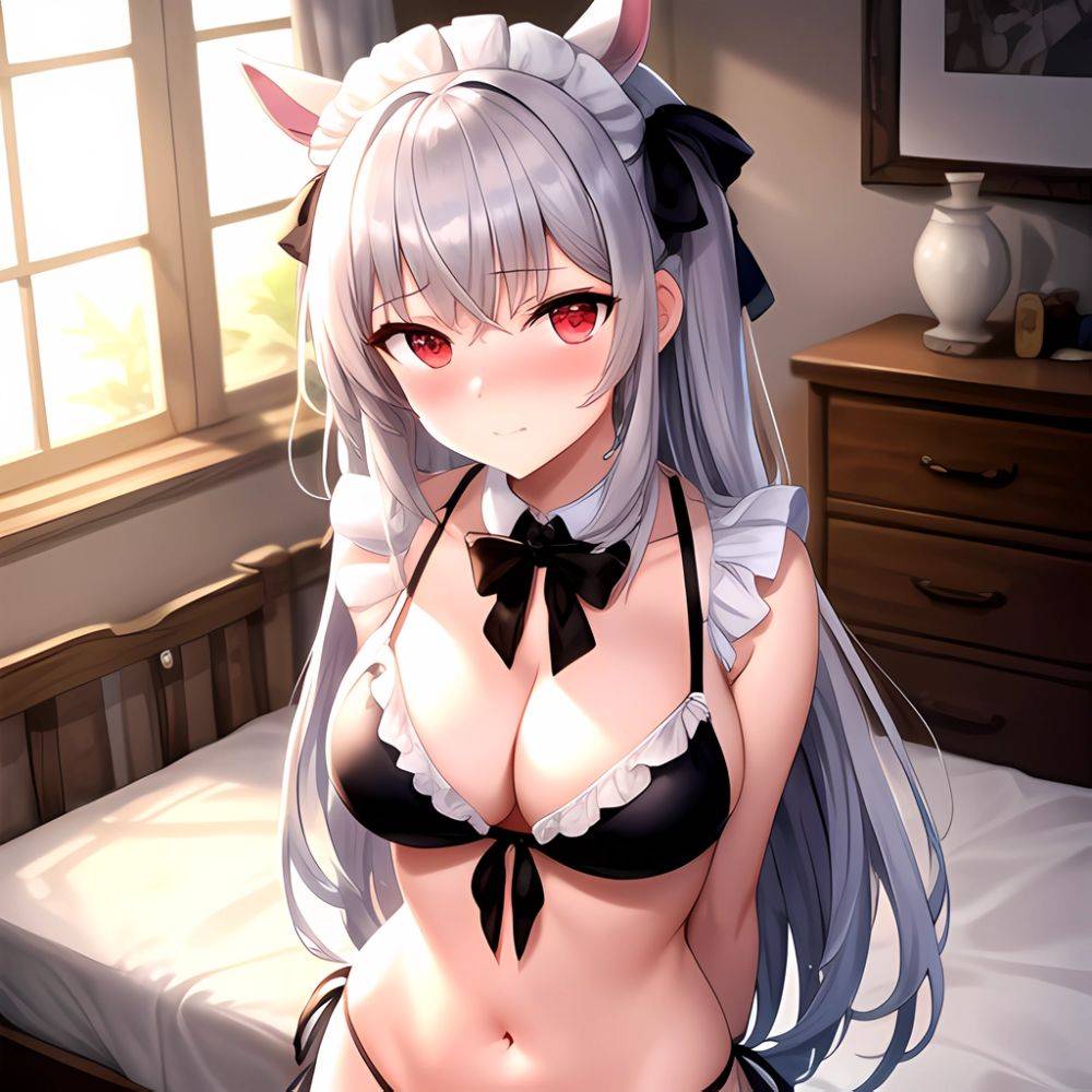 1girl Alternate Costume Animal Ears Bed Bikini Black Bikini Black Ribbon Blush Bow Breasts Cleavage Closed Mouth Cowboy Shot Det, 586802305 - AIHentai - #main