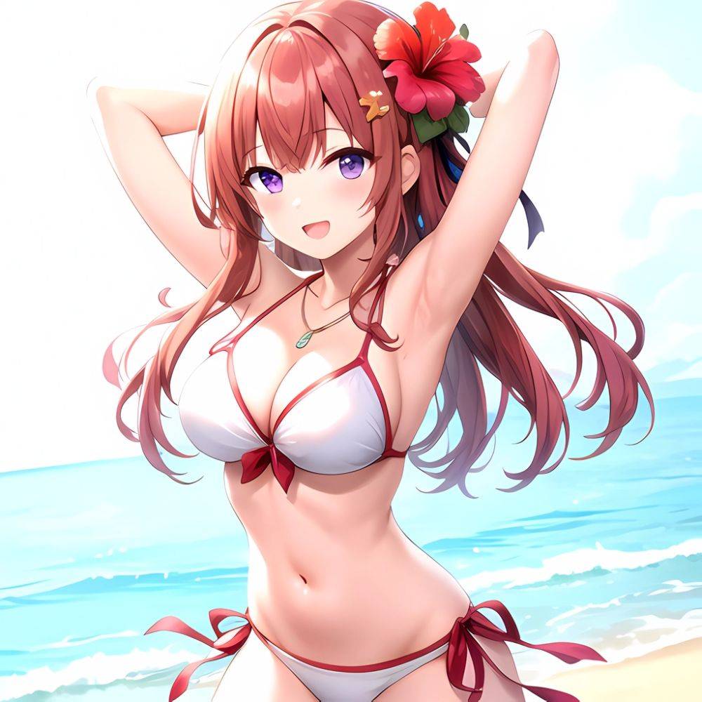 Yayoi Sakura 1girl Armpits Arms Behind Head Bikini Bracelet Breasts Cleavage Flower Hair Flower Hair Ornament Hibiscus Long Hair, 3889708474 - AIHentai - #main