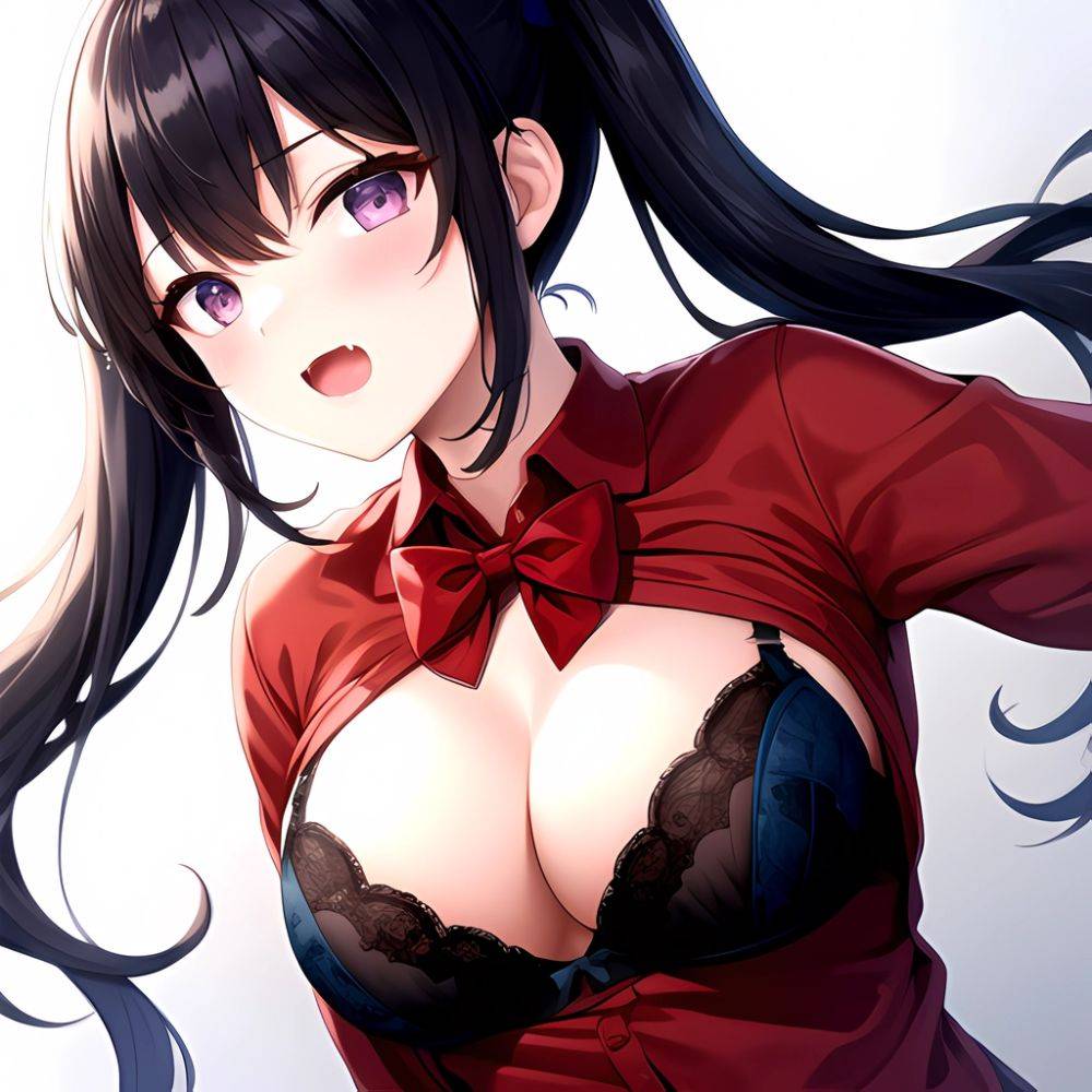 1girl Black Eyes Blue Hair Blush Bow Bowtie Bra Breasts Center Opening Cleavage Collared Shirt Fang Black Bra Hair Intakes, 2182082370 - AIHentai - #main