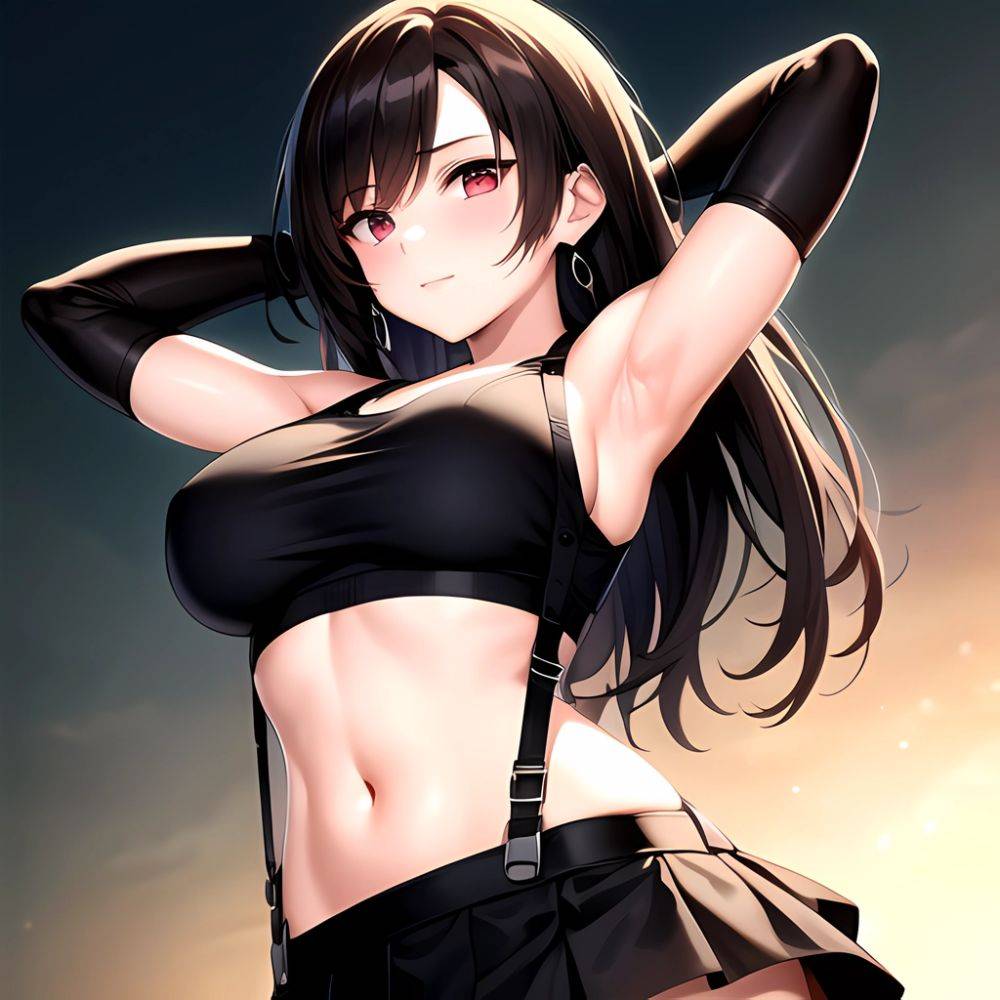 1girl Armpits Arms Behind Head Arms Up Bare Shoulders Black Gloves Black Hair Black Skirt Breasts Closed Mouth Crop Top, 1503779367 - AIHentai - #main