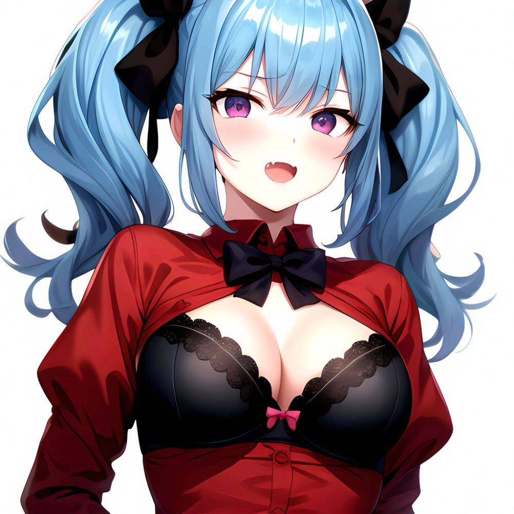 1girl Black Eyes Blue Hair Blush Bow Bowtie Bra Breasts Center Opening Cleavage Collared Shirt Fang Black Bra Hair Intakes, 3217215474 - AIHentai - #main