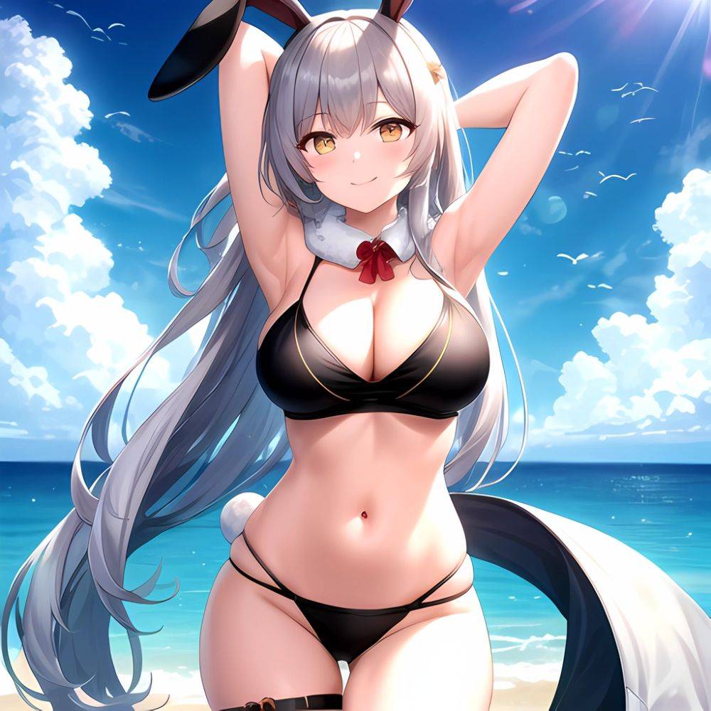 1girl Animal Ears Arms Behind Head Armpits Bare Shoulders Bikini Black Bikini Blue Bow Bow Breasts Cleavage Closed Mouth Cowboy, 2349654687 - AIHentai - #main
