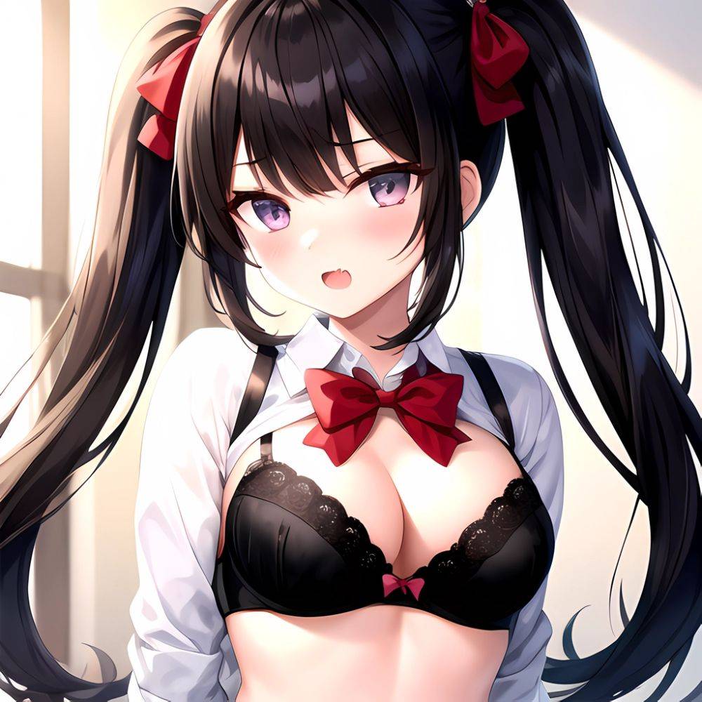 1girl Black Eyes Black Hair Blush Bow Bowtie Bra Breasts Center Opening Cleavage Collared Shirt Fang Grey Bra Hair Intakes, 2337509119 - AIHentai - #main