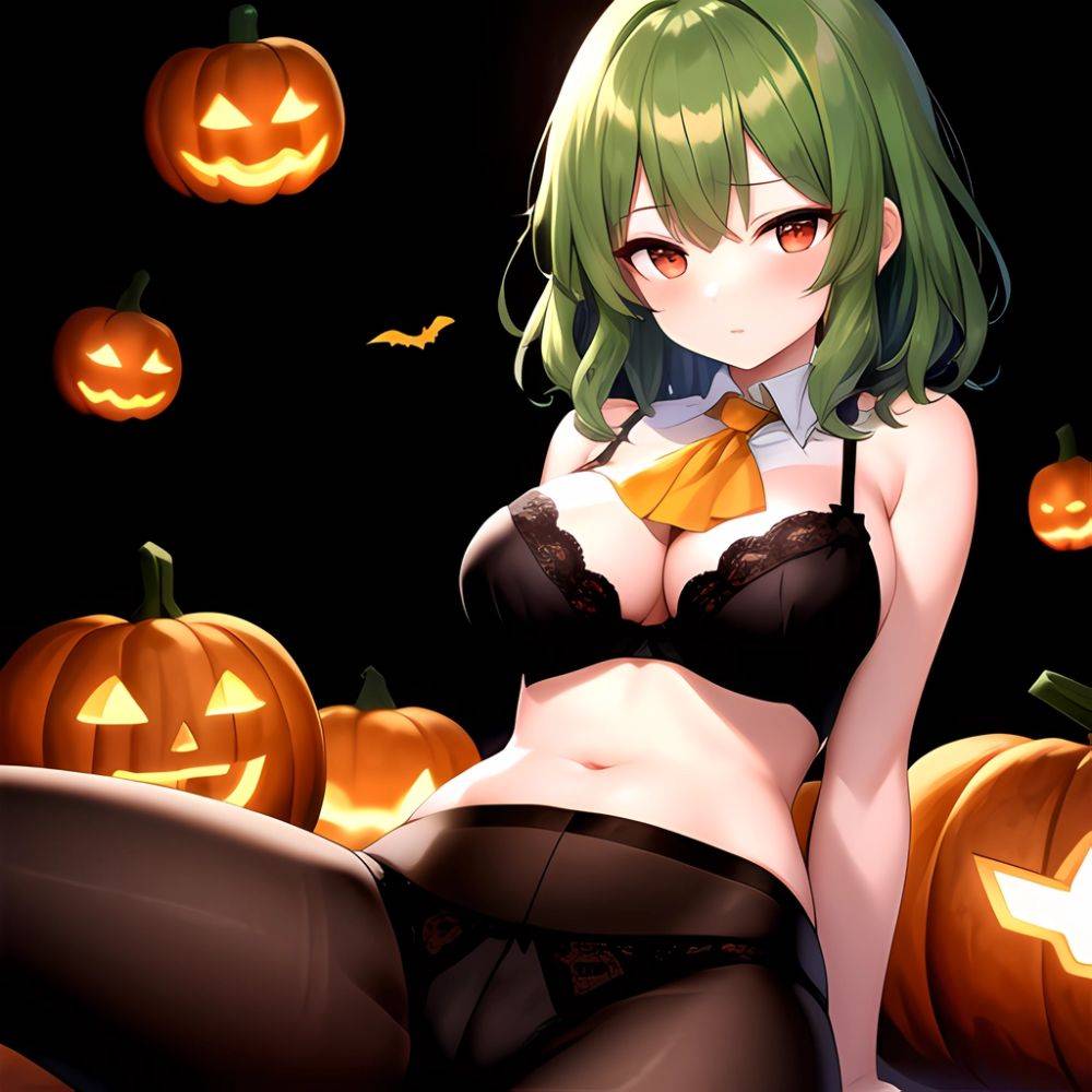 Kazami Yuuka 1girl Arms Behind Back Ascot Black Background Black Bra Black Panties Black Pantyhose Bra Breasts Cleavage Green Ha, 1416151769 - AIHentai - #main