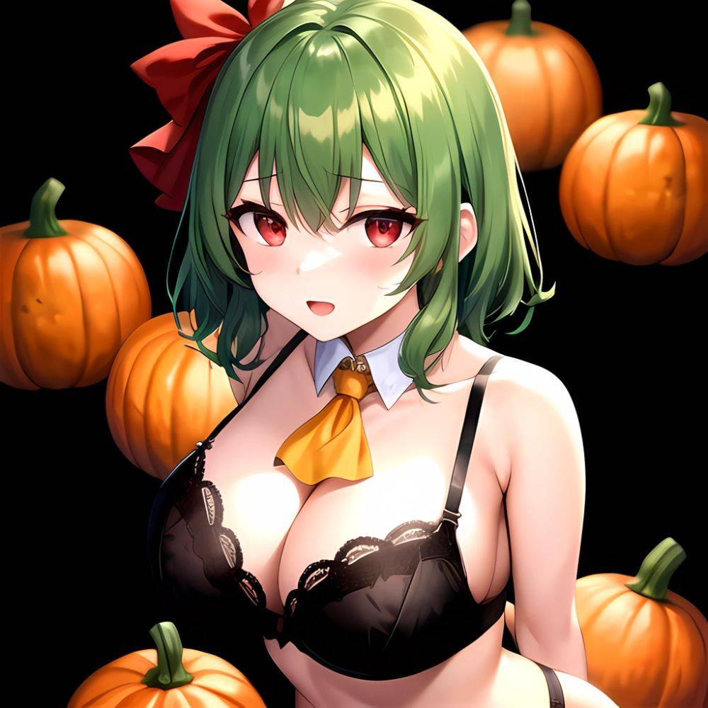 Pumpkins Halloween Kazami Yuuka 1girl Arms Behind Back Ascot Black Background Black Bra Black Panties Black Pantyhose Bra Breast, 187302721 - AIHentai - #main