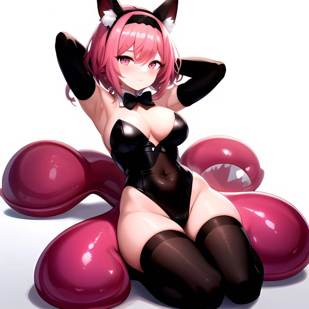 1girl Animal Ears Armpits Arms Behind Head Black Bow Black Bowtie Black Gloves Black Hairband Black Thighhighs Blue Skin Blunt, 3119365945 - AIHentai - #main