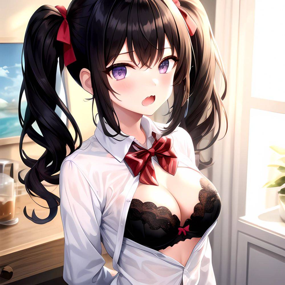 1girl Black Eyes Black Hair Blush Bow Bowtie Bra Breasts Center Opening Cleavage Collared Shirt Fang Grey Bra Hair Intakes, 3150329403 - AIHentai - #main