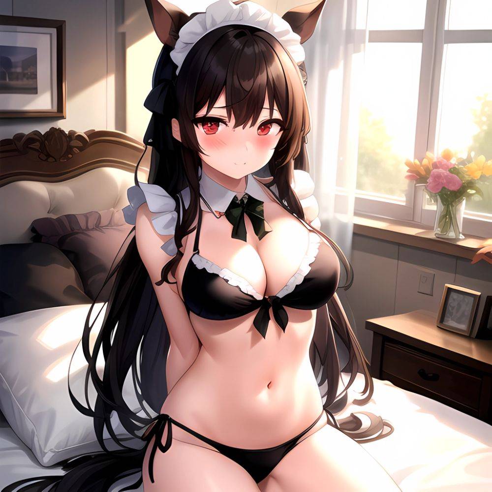 1girl Alternate Costume Animal Ears Arms Behind Back Bed Bikini Black Bikini Black Ribbon Blush Bow Breasts Cleavage Closed Mout, 3224813351 - AIHentai - #main