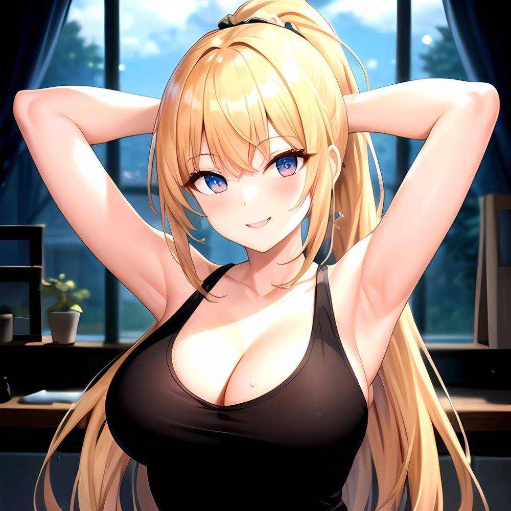 Beatrix Amerhauser 1girl Armpits Arms Behind Head Bare Shoulders Blonde Hair Breasts Cleavage Large Breasts Long Hair Looking At, 2650738667 - AIHentai - #main